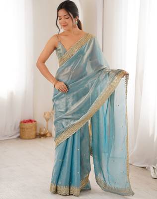 Sky blue color fendy satin fabric beautiful sequins embroidered ceremonial saree 1