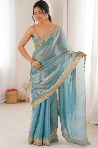 Sky blue color fendy satin fabric beautiful sequins embroidered ceremonial saree