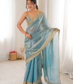 Sky blue color fendy satin fabric beautiful sequins embroidered ceremonial saree