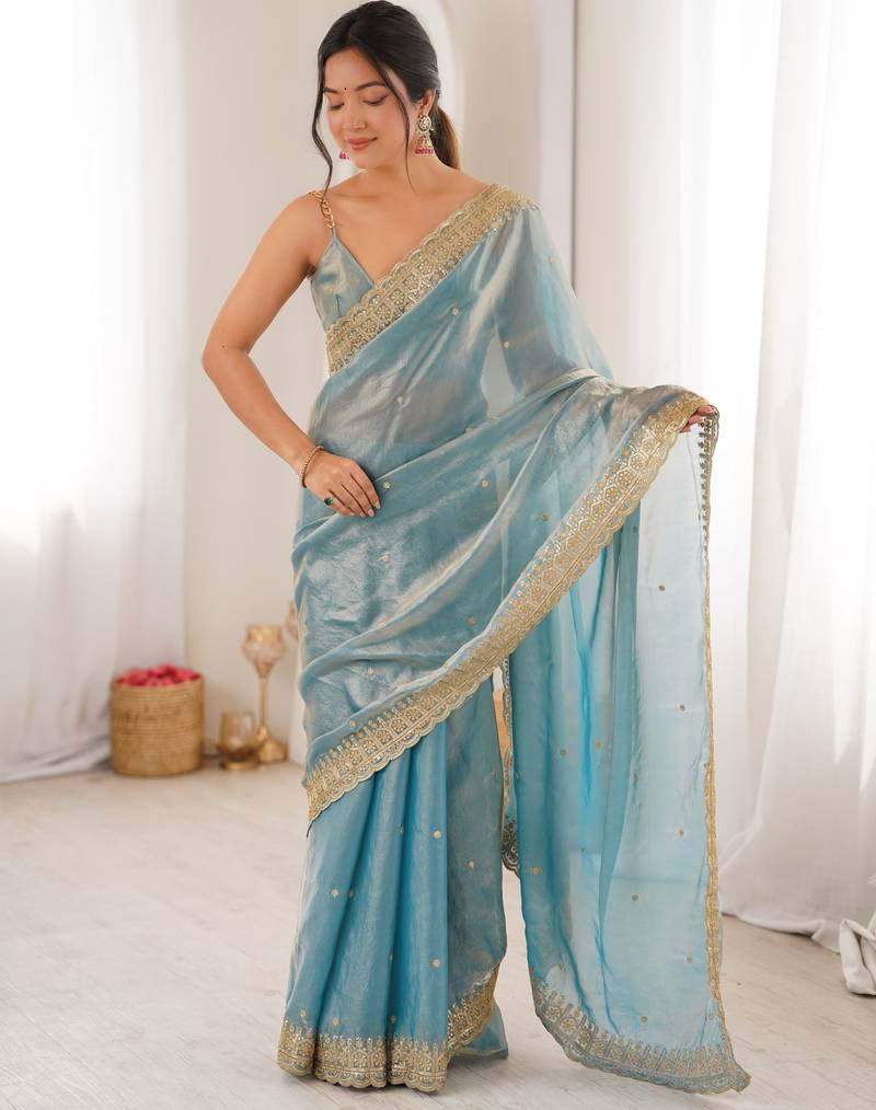 Sky blue color fendy satin fabric beautiful sequins embroidered ceremonial saree