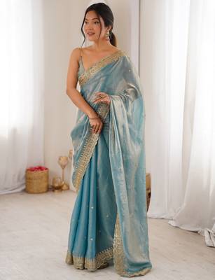 Sky blue color fendy satin fabric beautiful sequins embroidered ceremonial saree 2