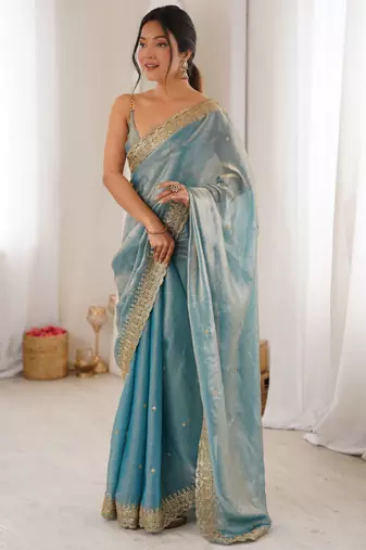 Sky blue color fendy satin fabric beautiful sequins embroidered ceremonial saree