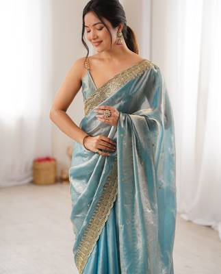 Sky blue color fendy satin fabric beautiful sequins embroidered ceremonial saree 3