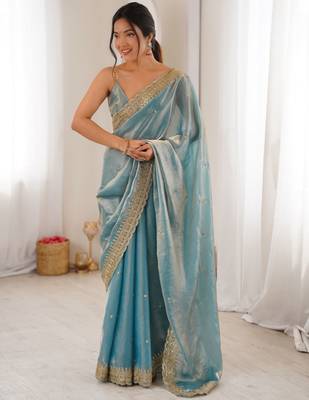 Sky blue color fendy satin fabric beautiful sequins embroidered ceremonial saree 4