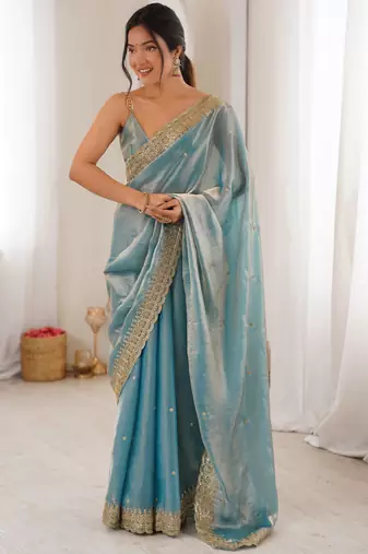 Sky blue color fendy satin fabric beautiful sequins embroidered ceremonial saree