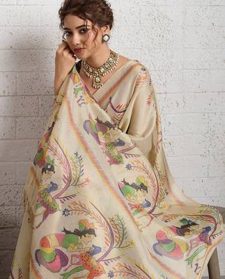 Beige color smart and beautiful linen printed casual saree 3