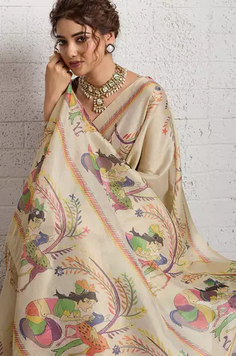 Beige color smart and beautiful linen printed casual saree