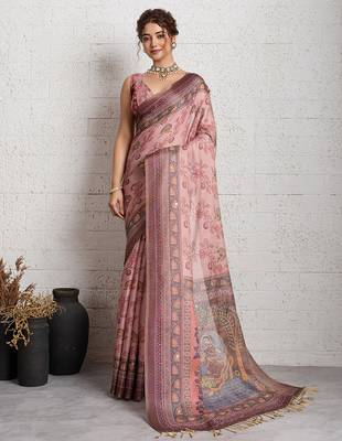 Pink color smart and beautiful linen printed casual saree 1
