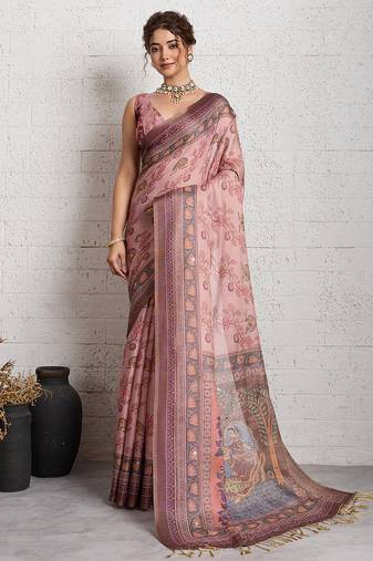 Pink color smart and beautiful linen printed casual saree