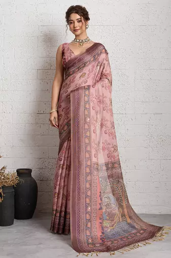 Pink color smart and beautiful linen printed casual saree
