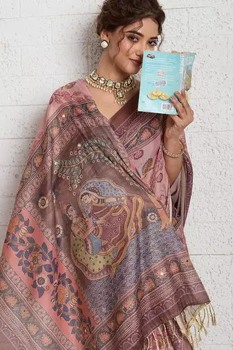 Pink color smart and beautiful linen printed casual saree