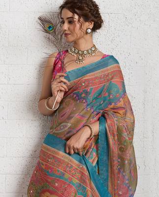 Multy color smart and beautiful linen printed casual saree 3