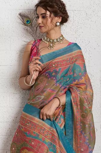 Multy color smart and beautiful linen printed casual saree
