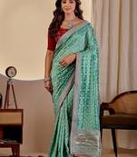 Sea green color smart art silk saree with embroidered work and table printed bandhej traditonal saree