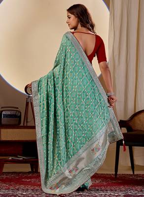 Sea green color smart art silk saree with embroidered work and table printed bandhej traditonal saree 2