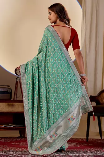 Sea green color smart art silk saree with embroidered work and table printed bandhej traditonal saree