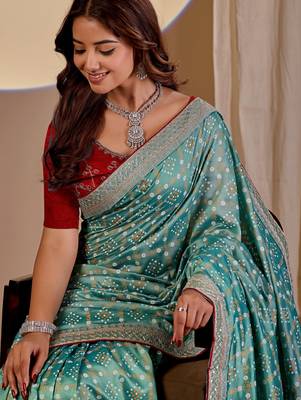 Sea green color smart art silk saree with embroidered work and table printed bandhej traditonal saree 3