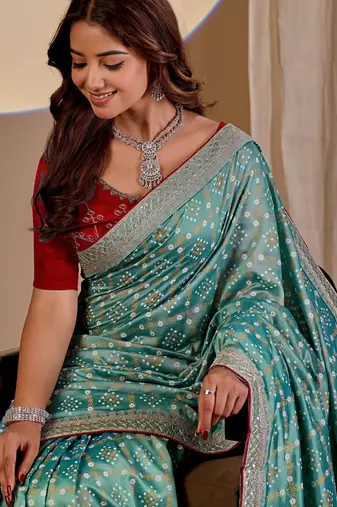Sea green color smart art silk saree with embroidered work and table printed bandhej traditonal saree
