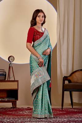Sea green color smart art silk saree with embroidered work and table printed bandhej traditonal saree 4