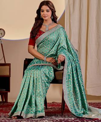 Sea green color smart art silk saree with embroidered work and table printed bandhej traditonal saree 5