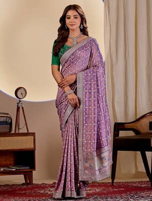 Purple color smart art silk saree with embroidered work and table printed bandhej traditonal saree 1