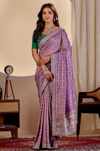 Purple color smart art silk saree with embroidered work and table printed bandhej traditonal saree
