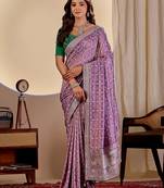 Purple color smart art silk saree with embroidered work and table printed bandhej traditonal saree