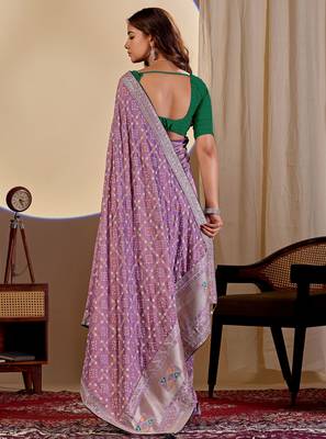 Purple color smart art silk saree with embroidered work and table printed bandhej traditonal saree 2