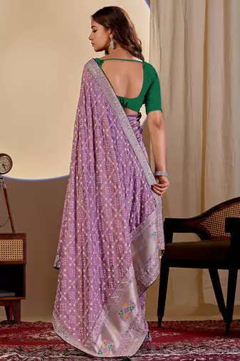 Purple color smart art silk saree with embroidered work and table printed bandhej traditonal saree