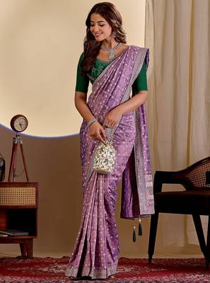 Purple color smart art silk saree with embroidered work and table printed bandhej traditonal saree 4
