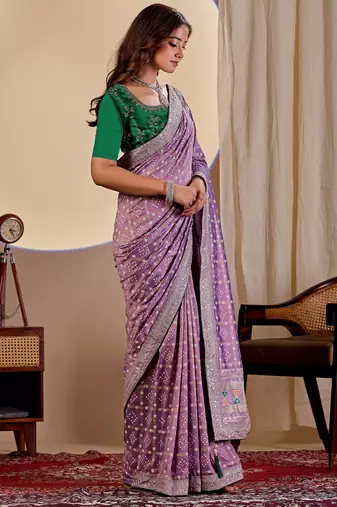Purple color smart art silk saree with embroidered work and table printed bandhej traditonal saree