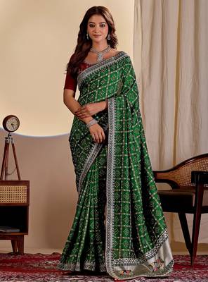 Green color smart art silk saree with embroidered work and table printed bandhej traditonal saree 1