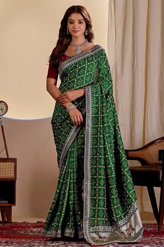 Green color smart art silk saree with embroidered work and table printed bandhej traditonal saree
