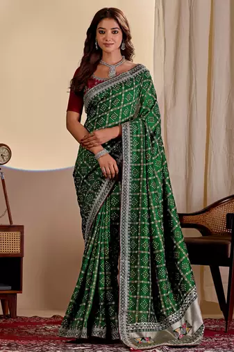 Green color smart art silk saree with embroidered work and table printed bandhej traditonal saree