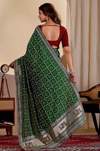 Green color smart art silk saree with embroidered work and table printed bandhej traditonal saree