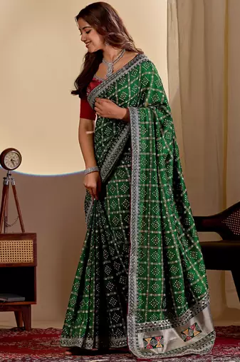 Green color smart art silk saree with embroidered work and table printed bandhej traditonal saree