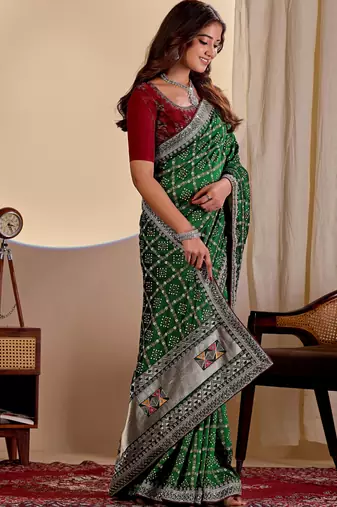 Green color smart art silk saree with embroidered work and table printed bandhej traditonal saree