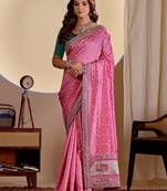 Pink color smart art silk saree with embroidered work and table printed bandhej traditonal saree