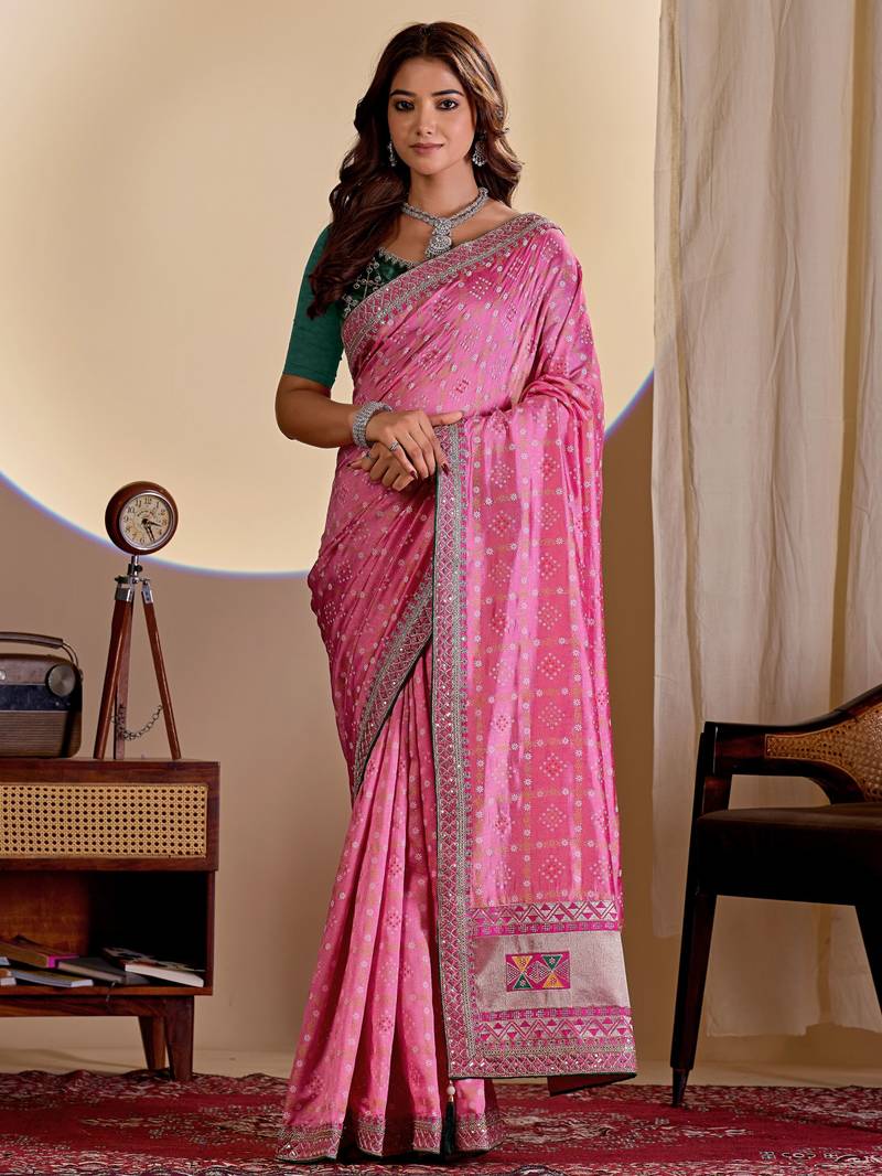 Pink color smart art silk saree with embroidered work and table printed bandhej traditonal saree