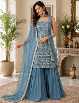 Blue fox georgette embroidered kurta palazzo set with dupatta 1