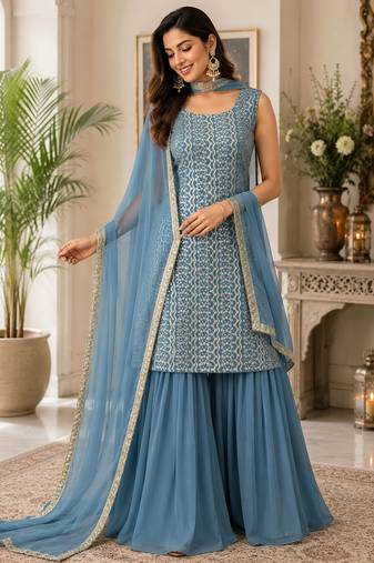 Blue fox georgette embroidered kurta palazzo set with dupatta