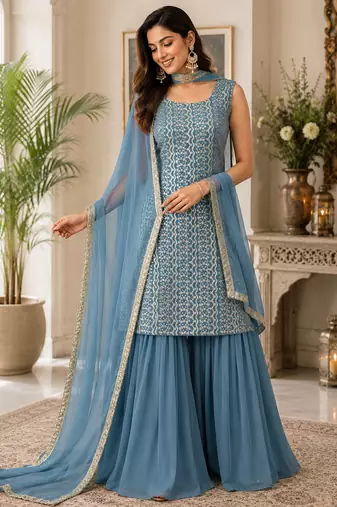 Blue fox georgette embroidered kurta palazzo set with dupatta
