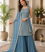 Blue fox georgette embroidered kurta palazzo set with dupatta