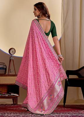 Pink color smart art silk saree with embroidered work and table printed bandhej traditonal saree 2