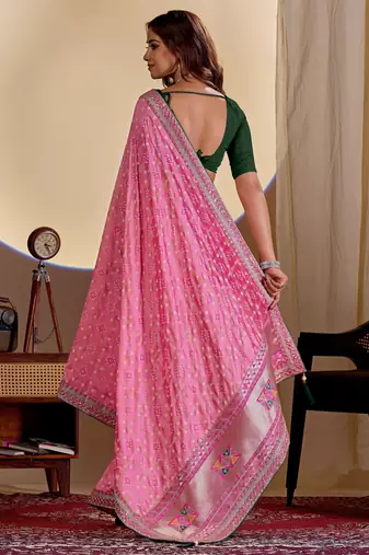 Pink color smart art silk saree with embroidered work and table printed bandhej traditonal saree