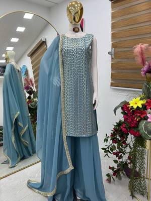 Blue fox georgette embroidered kurta palazzo set with dupatta 2