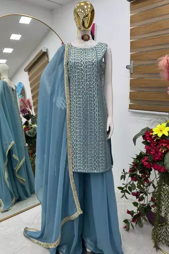 Blue fox georgette embroidered kurta palazzo set with dupatta