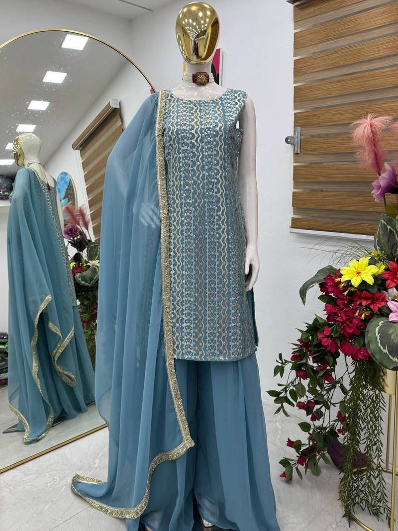 Blue fox georgette embroidered kurta palazzo set with dupatta