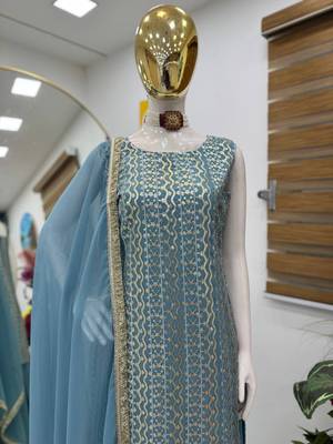 Blue fox georgette embroidered kurta palazzo set with dupatta 3