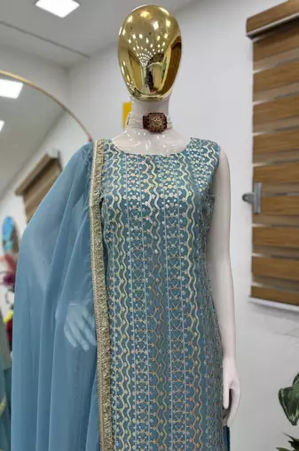 Blue fox georgette embroidered kurta palazzo set with dupatta